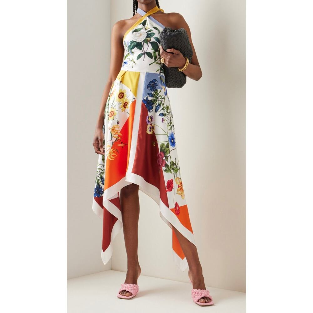 Oscar de la Renta Floral Silk Handkerchief Hem Midi Dress Size 4
